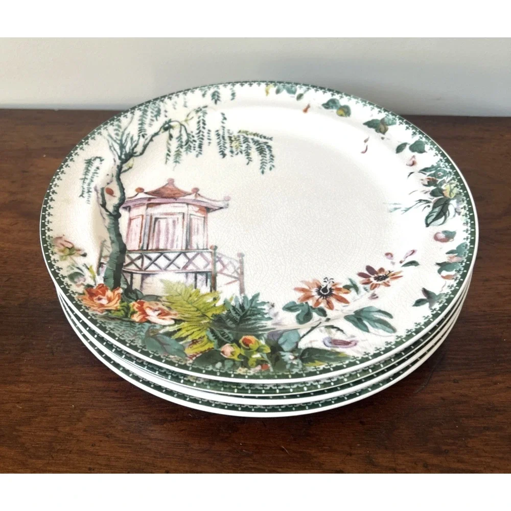 Pottery Barn “Chinoiserie” Pagoda Dinner Plates 10.75” Crazed Finish Set of 4